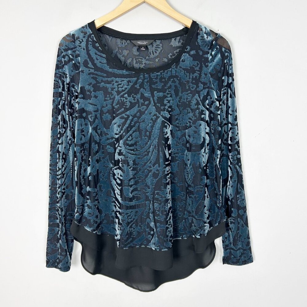 Simply Vera Wang Black & Blue Velvet Burnout Top Dark Vamp Whimsigoth Size Small